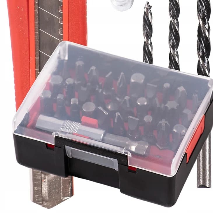 The box of screwdriver bits and the drill bits in close-up