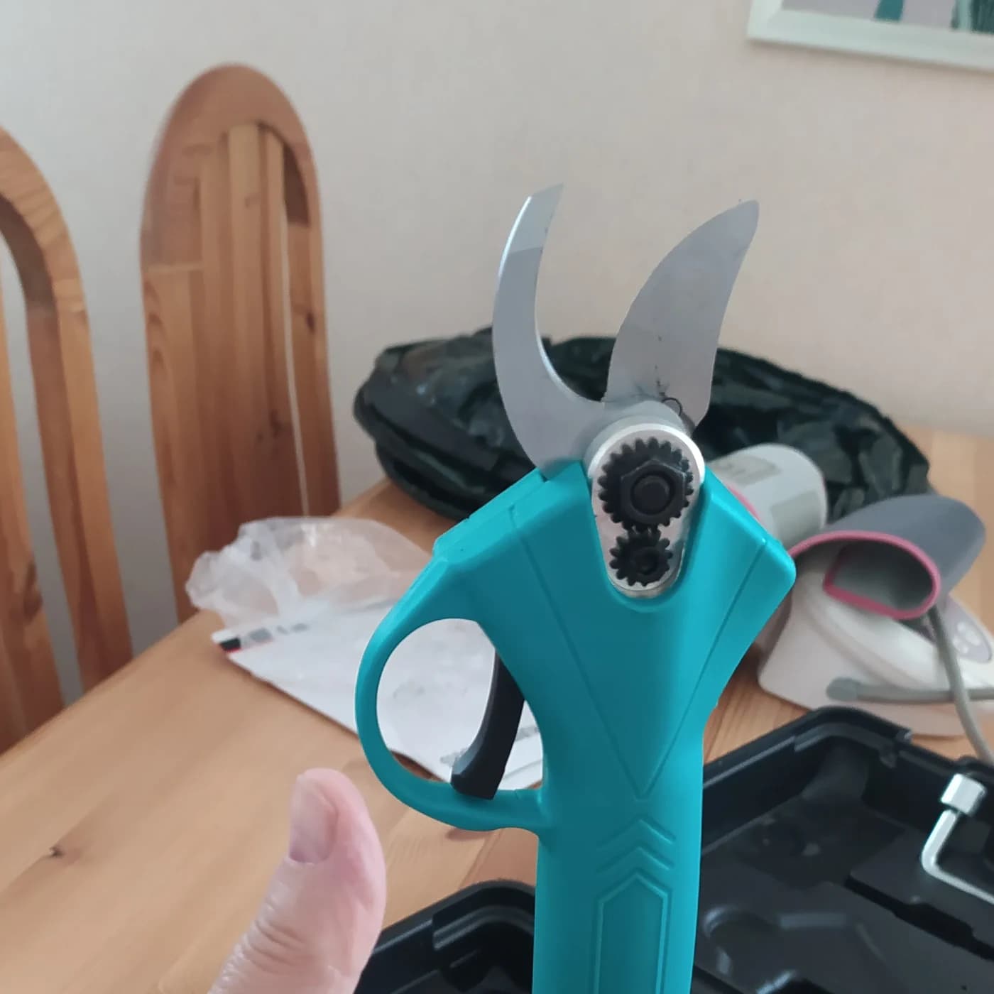 The shears held in a hand, in close-up
