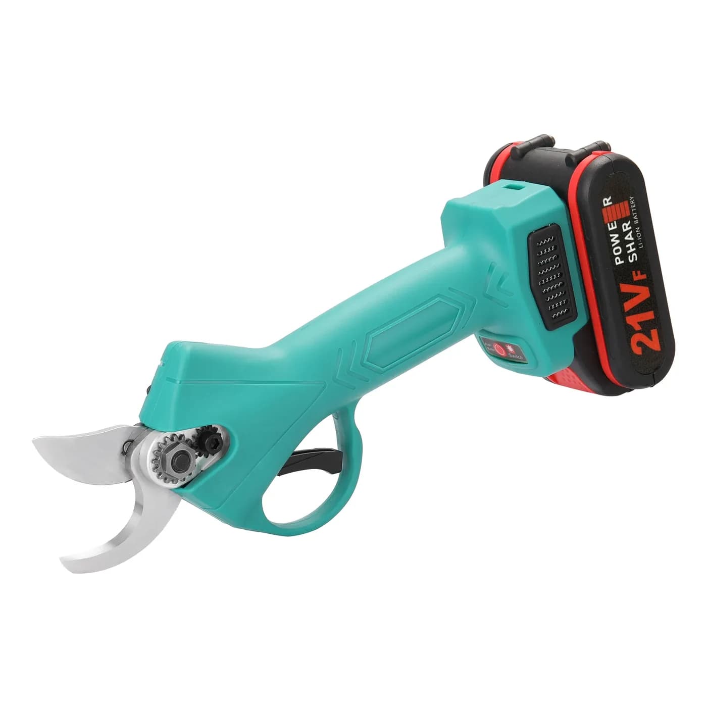Turquoise cordless pruning shears lying flat, with the battery fitted