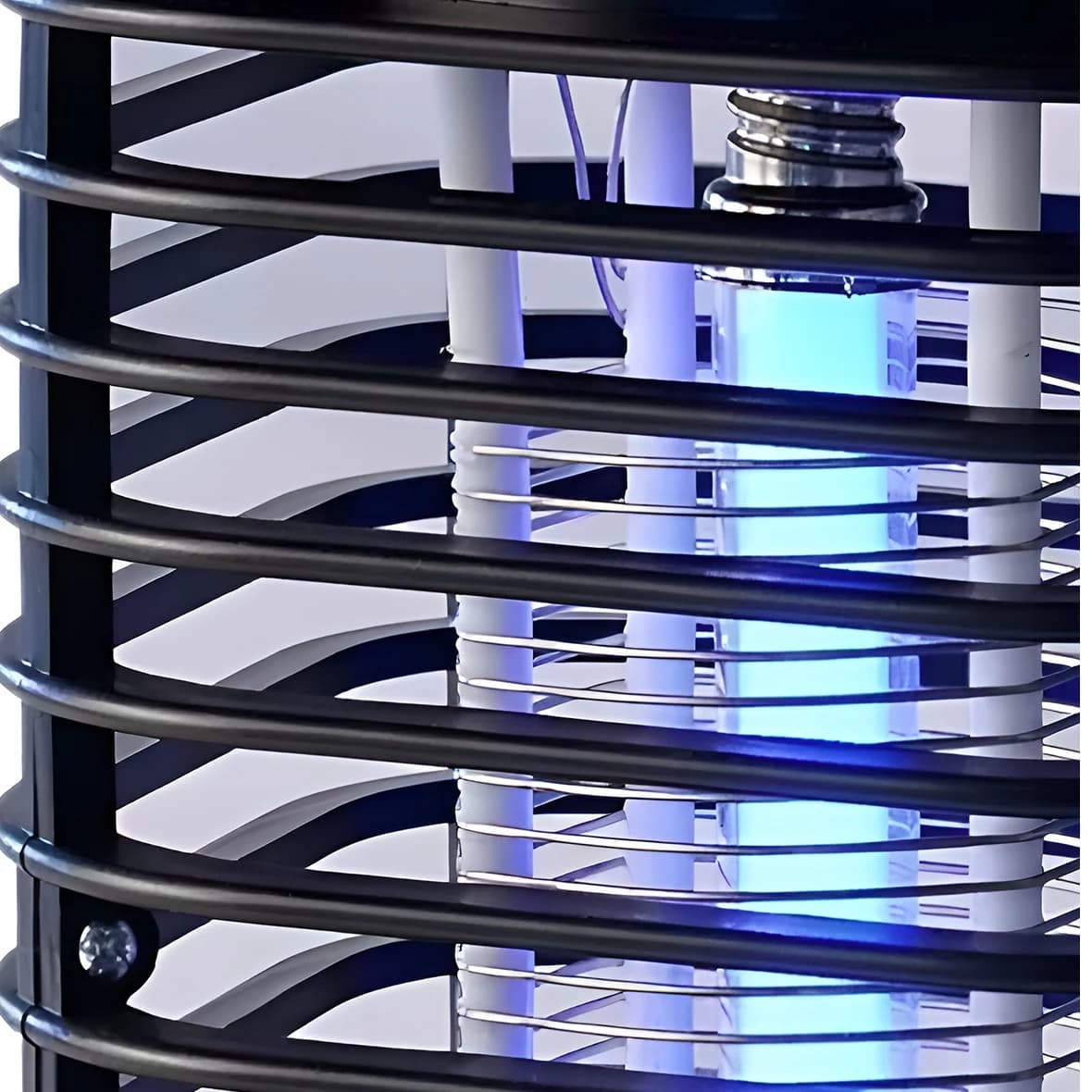 Close-up of the slatted body, the inner grid and the lit UV tube